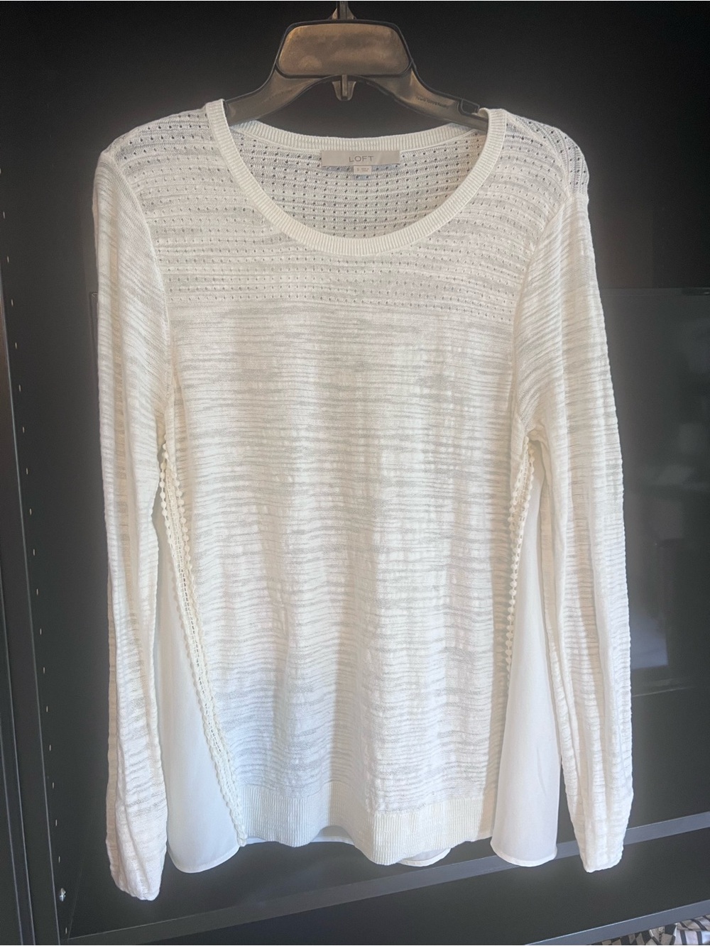 LOFT White Long-Sleeve Mixed-Knit Layered Back Top